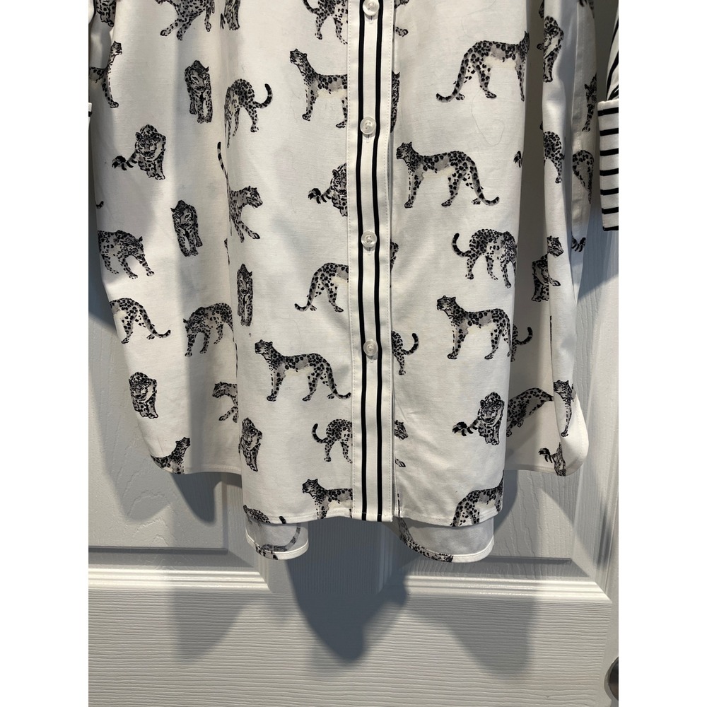 Chicos Leopard Print Striped Tunic Button Down Shirt White Black Size 2 Large - Picture 3 of 10
